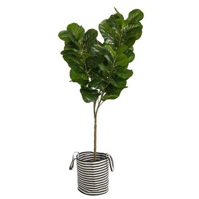 Nearly Natural 6-ft Fiddle Leaf Fig Artificial Tree in Handmade Black and White Natural Jute and Cotton Planter