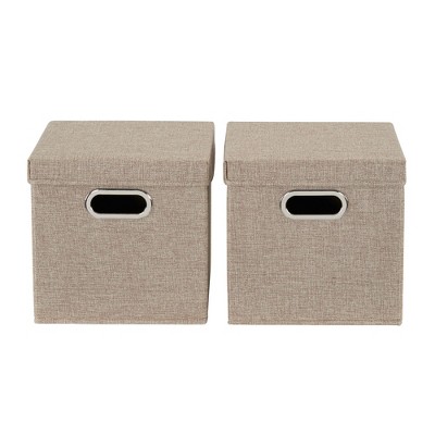 Set of 2 Beige Linen Fabric Collapsible Storage Cubes with Lids