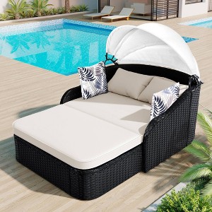 Nestfair Wicker Outdoor Double Lounge Day Bed with Adjustable Canopy and Cushions Beige/Black - 1 of 4