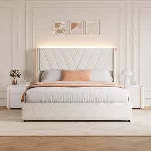 Queen Size Velvet Upholstered Platform Bed Frame ¨C 4 Storage Drawers, RGB LED Lights & Wingback Headboard, No Box Spring Needed - 1 of 4