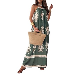 Women's Floral Print Halter Neck Dress Summer Sleeveless Maxi Sundress - 1 of 2