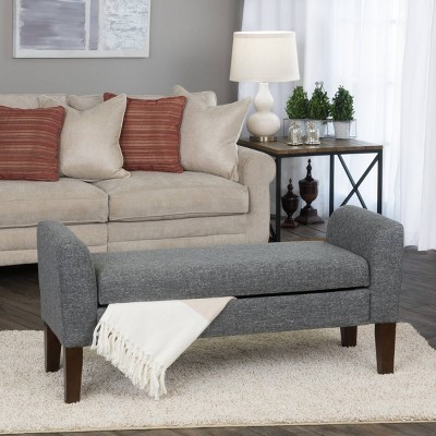 Gray Tweed Upholstered Storage Bench with Walnut Legs