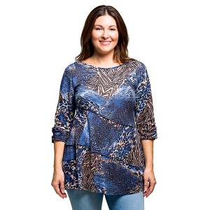 24seven Comfort Apparel Plus Size Three Quarter Sleeve Tunic Top Blue Animal Print - 1 of 3