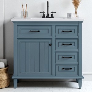 Mshliw 36" Bathroom Vanity with Ceramic Sink, 4 Drawers, Adjustable Shelf & Soft-Close Door, Solid Wood & MDF Freestanding Cabinet - 1 of 4