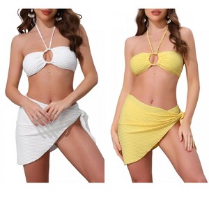 INSPIRE CHIC Women's Rope Circle Halter Ribbed Triangle Bottoms Side Tie Cover Up Swimwear Bathing Bikini Suits 2 Sets - 1 of 4