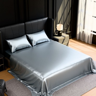 Skyzone Queen Size 4-Piece Silky Satin Bedding Set - 15" Deep Pocket Fitted Sheet, Cool Touch, Grey 90"x102" — фото 3