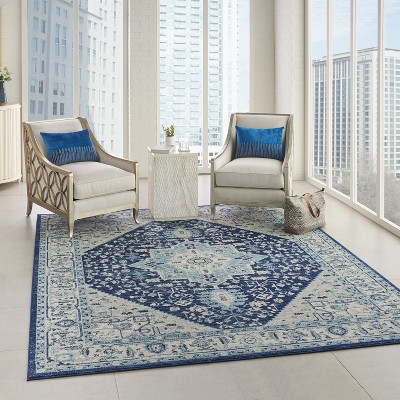 Ivory/Navy Synthetic 8' x 10' Rectangular Easy-Care Rug