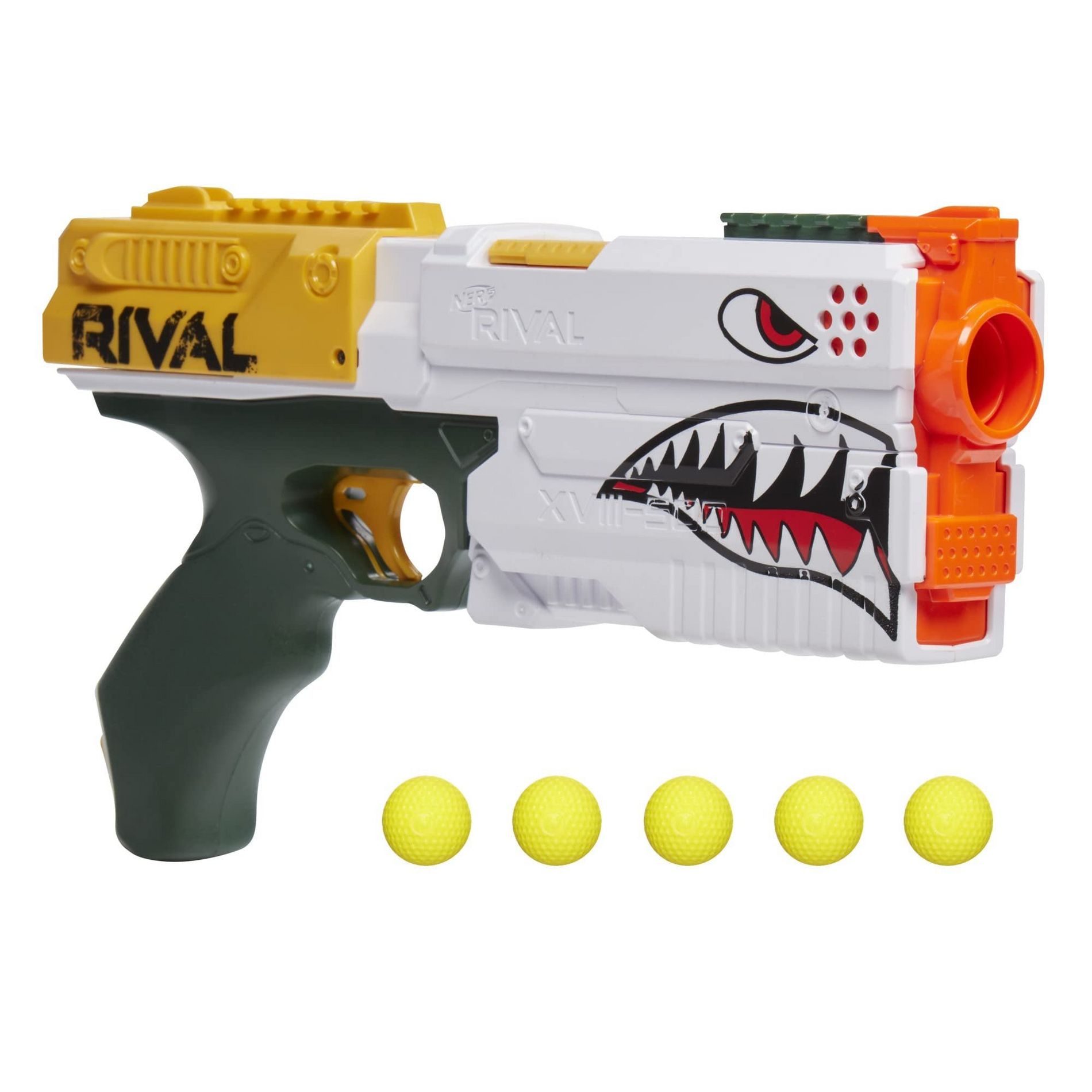 NERF Rival Kronos XVIII-500 Blaster (Frustration-Free Packaging) Sharkmouth Design, Spring-Action, Breech-Load, 90 FPS & 5 Rival Rounds, Ages 14+