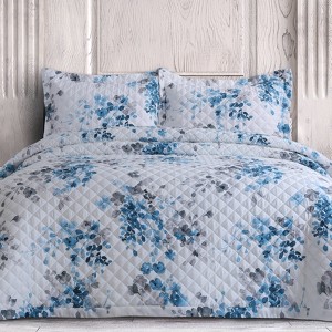 Queen Isabella Organic Cotton Quilt Set White/Blue - Azores Home: Sateen Texture, OEKO-TEX Certified, Includes 2 Shams - 1 of 3
