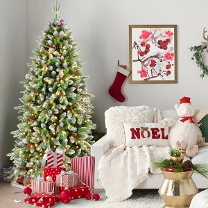 Whisen 6FT Prelit Artificial Christmas Tree with 380 Lights, 1264 Tips, Frosted Greenery with Red Berries, Natural Pinecones - Green - 1 of 4