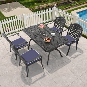 5-Piece Cast Aluminum Outdoor Dining Set: Rectangle Table, Stackable Chairs & Blue Cushions - All-Weather Patio Furniture for Your Backyard - 1 of 4