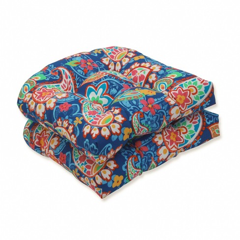 2pk Paisley Party Wicker Outdoor Seat Cushions Blue - Pillow Perfect ...