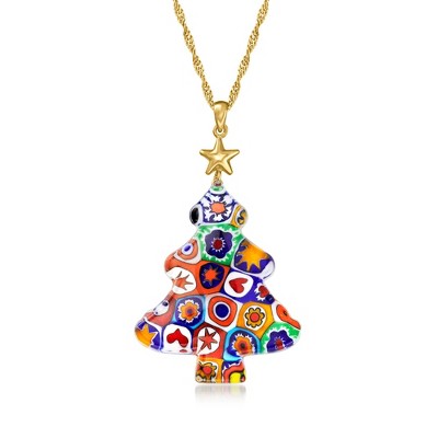 Ross-Simons Italian Multicolored Murano Millefiori Christmas Tree Pendant Necklace in 18kt Gold Over Sterling Size