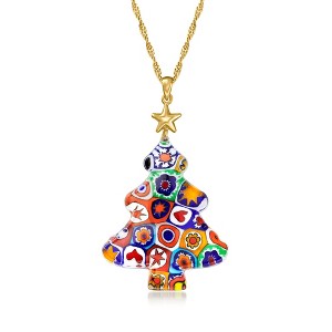 Ross-Simons Italian Multicolored Murano Millefiori Christmas Tree Pendant Necklace in 18kt Gold Over Sterling Size - 1 of 4