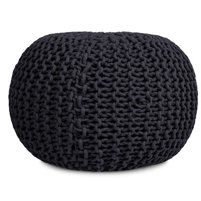 Charcoal Grey Hand-Woven Cotton Round Pouf Ottoman