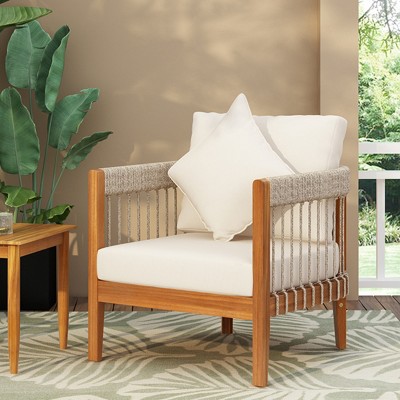 Outdoor Club Chair, Acacia Wood Frame with Handwoven Rope and Removable Cushions, Boho Patio Seating for Porch or Garden - Coolbibila