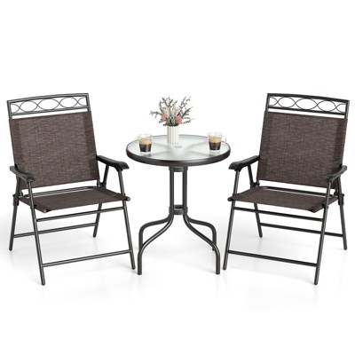 Tangkula 3 Pieces Bistro Set Outdoor Furniture Set with Tempered Glass Table Umbrella Hole