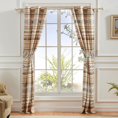 Phoenix Beige Southwest Geometric Light-Filtering Grommet Curtain Panels