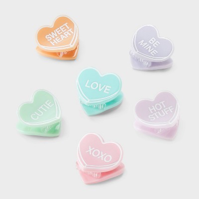 Valentine's Day Heart Message Mini Hair Claw Clip Set 6pc - Pink/Green/Lavender