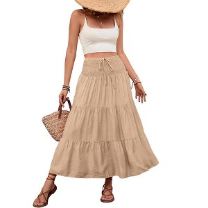 Coolmee Women's Maxi Skirt Flowy Boho Fashion Drawstring Smocked Waist Ruffle Tiered A Line Casual Long Skirt - 1 of 4