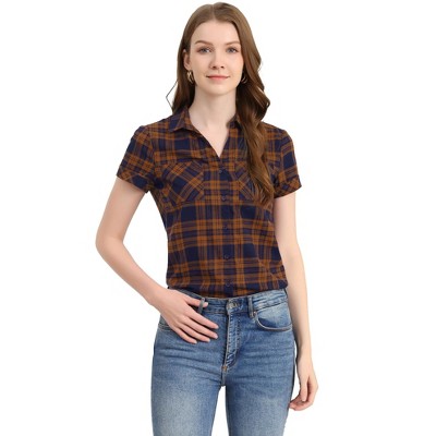 INSPIRE CHIC Women's Classic Short Sleeve Button Down Plaid Shirt