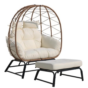 Indoor Outdoor Double Egg Chair with Ottoman Padded Cushions,Wicker Lounge Chair Deep Seating Chair with Footrests,Loveseat for Patio Porch Backyard - 1 of 4