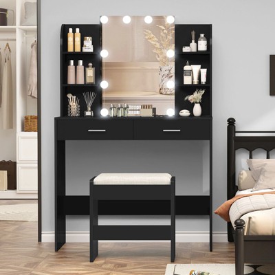USIKEY Vanity Desk with Mirror & Lights, Makeup Vanity Table with 2 Large Drawers, 6 Storage Shelves & Stool, Bedroom Dressing Vanity Table