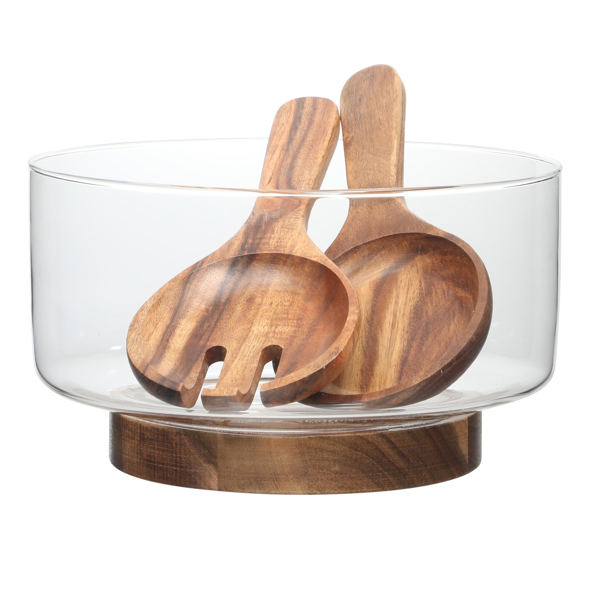 Gibson Elite Farm Favorites Large Glass Salad Bowl Set with Acacia Wood Base and Acacia Serving Utensils