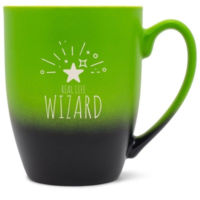 Elanze Designs Real Life Wizard 12 Ounce Ceramic Laser-Etched Engraved Drinkware Mug, Green and Black Ombre