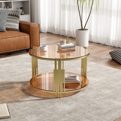 Glass Coffee Table Round Center Table Cocktail Table Accent Table Sofa Table with Gold Metal Drum Frame, Transparent/Black/Brown-ModernLuxe