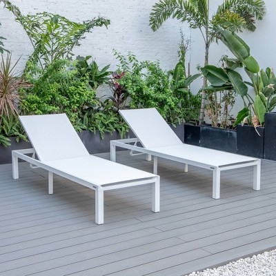 LeisureMod Marlin Patio Chaise Lounge Chair With White Aluminum Frame Set of 2