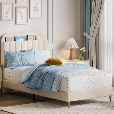 Twin Bed Frame with Storage Headboard Velvet Upholstered Platform Bedframe for Kids/Girl Bed Strong Wooden Slats Noise-Free Easy Assembly, Beige