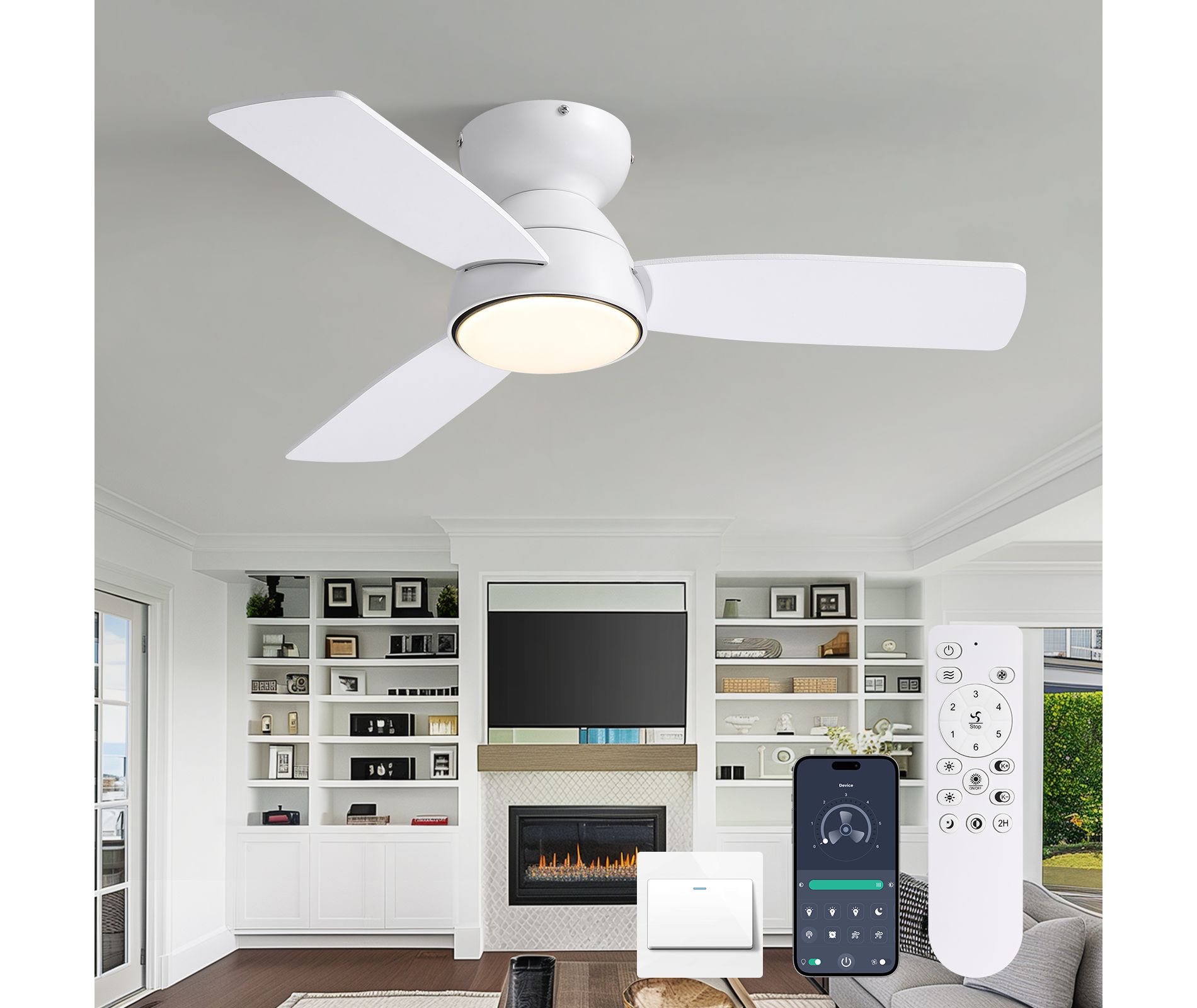 Ludomide 32 Inch Modern Dimmable LED Ceiling Fan With Light And Remote/APP Control, Smart White Low Profile Flush Mounted Fan Lights Ceiling Fixtures