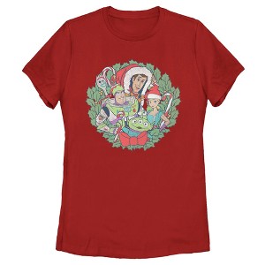 Women's Toy Story Christmas Wreath Characters T-Shirt - 1 of 4
