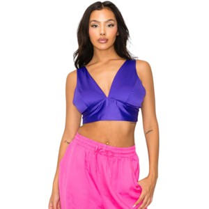 Slickblue Women's Satin V-neck Bra Top with Smocked Back, Adjustable Straps, Orange/Purple - Size S-L - 1 of 4
