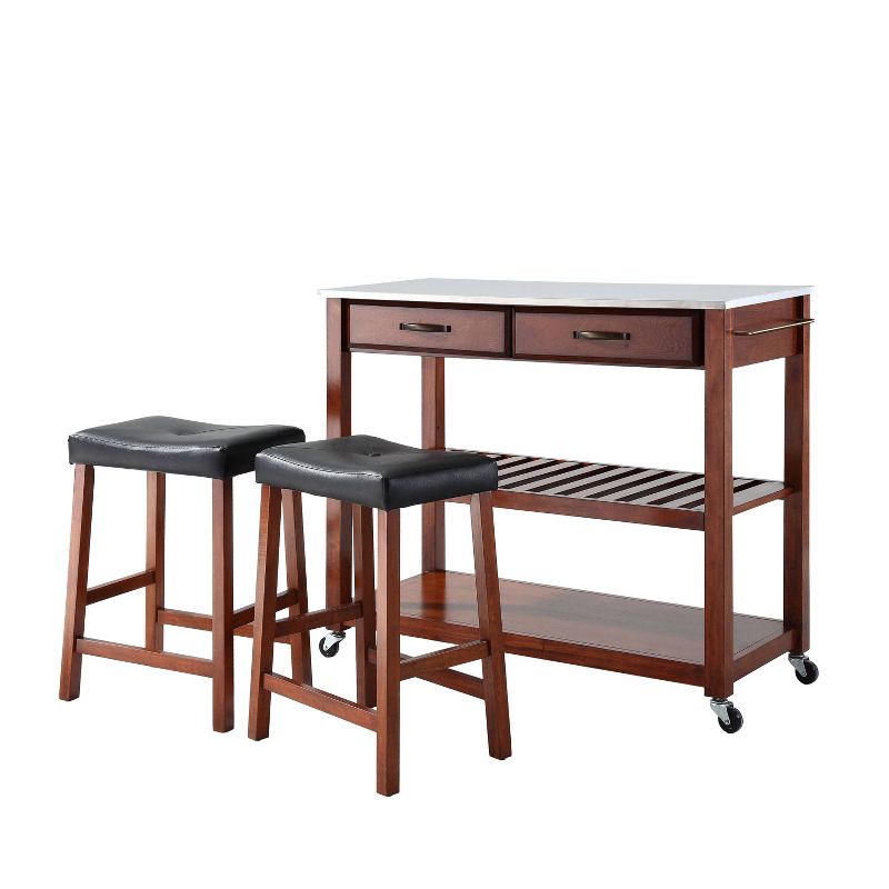 Stainless Steel Top Kitchen Prep Cart with 2 Upholstered Saddle Stools Cherry - Crosley, 6 of 12