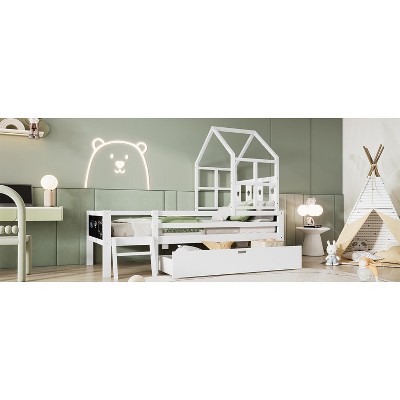 DOMETOUR Twin House Bed with Ladder & Storage Drawers, Solid Wood Frame, Blackboard Design, No Box Spring Needed, White