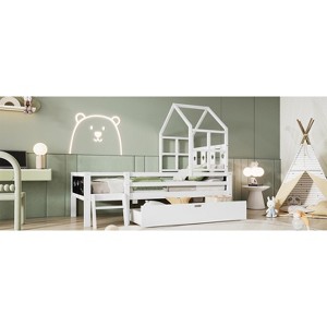 DOMETOUR Twin House Bed with Ladder & Storage Drawers, Solid Wood Frame, Blackboard Design, No Box Spring Needed, White - 1 of 4