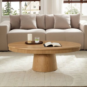 47" Oval Drum MDF Wood Coffee Table, Modern MDF Pedestal Coffee Table with Handcrafted Texture, Wood Coffee Table for Living Room-Coolbibila - 1 of 4