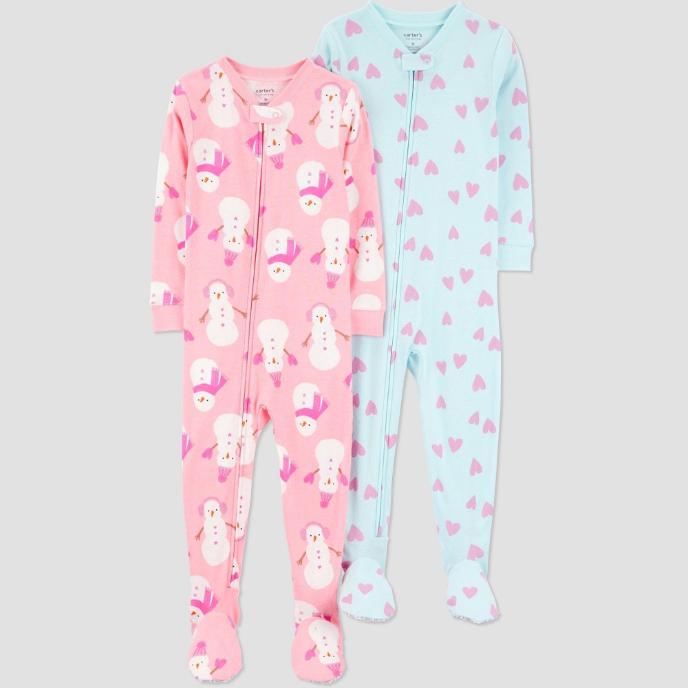 Photos - Other Textiles Carter's Just One You® Toddler Girls' 2pk Cotton Long Sleeve Snowman & Heart Print Snug Fit Footed Pajama - Light Blue/Pink