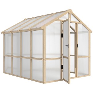 Outsunny 6.6 x 8 ft. Wooden Polycarbonate Greenhouse with Roof Vent and Lockable Door, Walk-in Greenhouse Kit for Backyard, Garden, Patio, Brown - 1 of 4