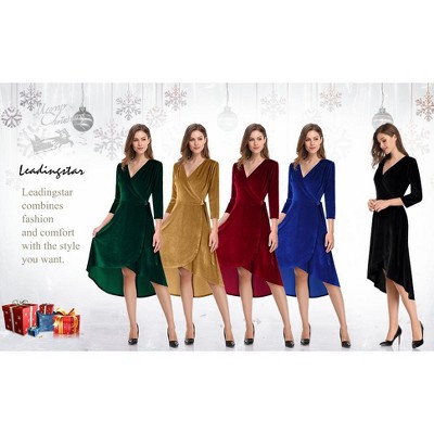 Formal Dresses for Women Velvet Gowns 3/4 Sleeve Evening Party Cocktail Dress, Split Elegant V Neck Wrap Ruffle Wedding Guest Dresses