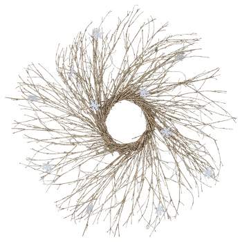 Northlight Pre-lit Battery Operated Champagne Glittered Twig Christmas Wreath - 28" - Warm White LED Lights