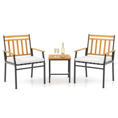 Tangkula 3 Pieces Acacia Wood Bistro Set Patio Conversation Set with Cushions and Coffee Table Outdoor Bistro Table and Chairs Set for Porch