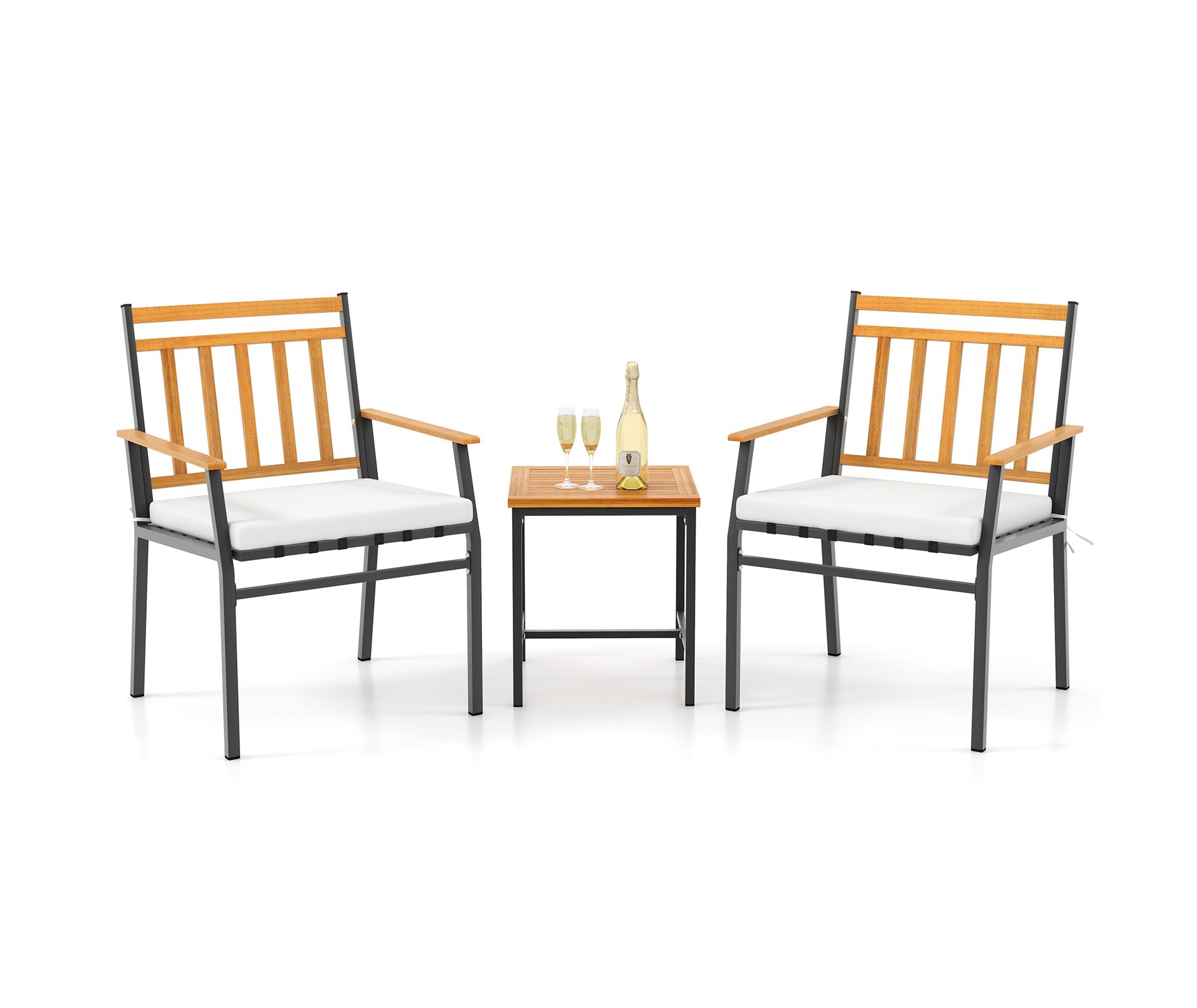 Tangkula 3 Pieces Acacia Wood Bistro Set Patio Conversation Set with Cushions and Coffee Table Outdoor Bistro Table and Chairs Set for Porch