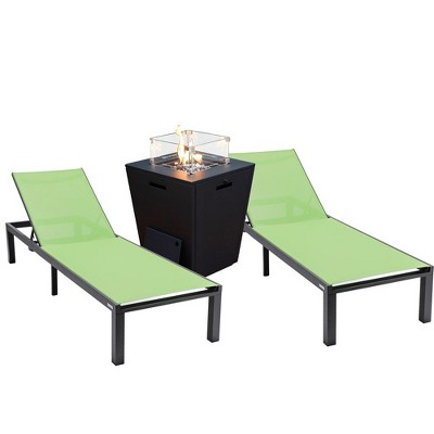 LeisureMod Marlin Modern Black Aluminum Patio Chaise Lounge Chair with Square Fire Pit Side Table Set of 2