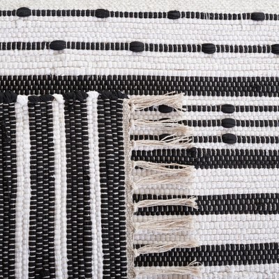 Boho Chic Black and Ivory Striped Handwoven Wool Rug