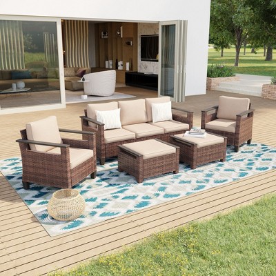 Sonkuki 5 Pieces Patio Sofa with Ottomans Set, All-Weather PE Rattan Wicker, Small Patio Conversation Couch with Cushion