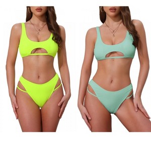 INSPIRE CHIC Women's Ribbed Scoop Neck Top Triangle Bottom Swimwear Bikini Suits 2 Sets - 1 of 4