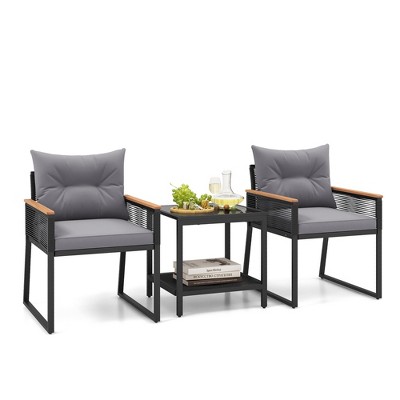 Tangkula 3 PCS Patio Furniture Set PE Rattan Wicker Chairs w/ 2 Tier Coffee Table Soft Back